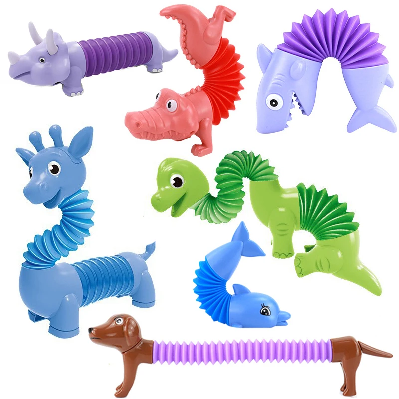 Dinosaur Telescopic Tubes Fidget Toys Cartoon Dolphins, Dogs, Sharks Stretch Pop Tubes Stress Relief Toys for Kids Party Gifts