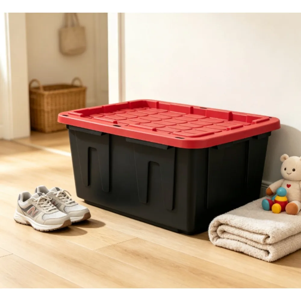 Caja de almacenamiento Hyper Tough de gran capacidad de 27 galones con tapa a presión, combinación de colores negro y rojo, contenedor de almacenamiento de plástico resistente.