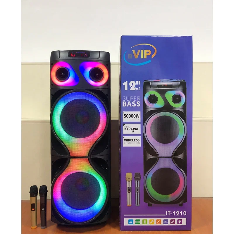 12 polegadas x 2 bt alto-falante com rgb levou luz, 100w, bateria do poder superior, subwoofer, controle remoto, alto-falante ao ar livre com microfone