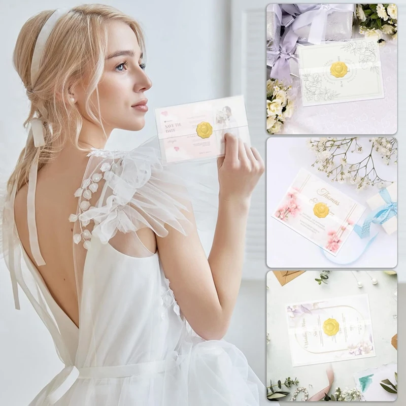 Wedding Invitations Wraps Set Include 100Pc Pre Folded Vellum Jackets For 5X7, Gold Self Adhesive Envelope Seal Stickers