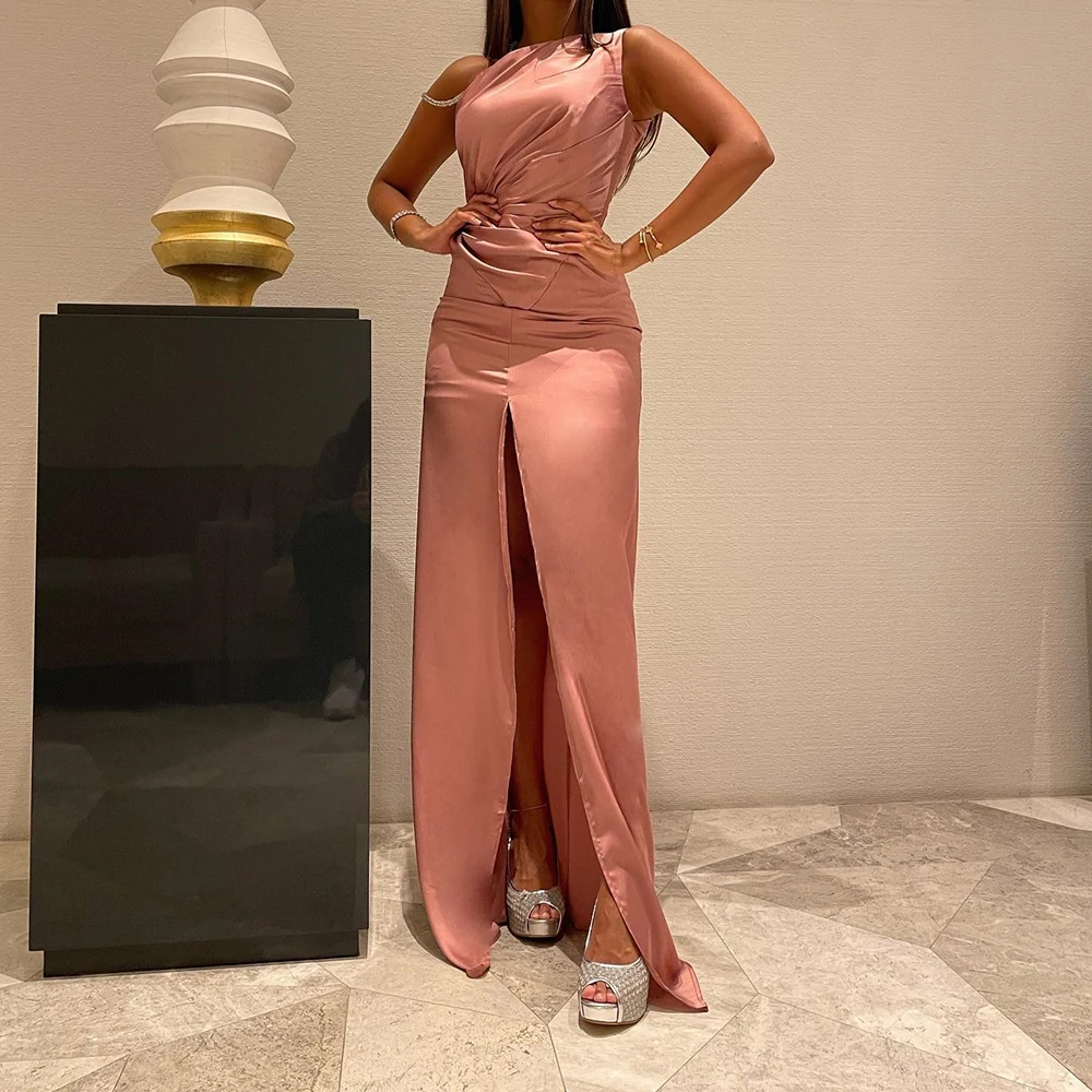 

Customized Modern Front Slit Crystal Pleats One Shoulder Off the Shoulder Evening Dress Graceful A-Line Satin Party Gown