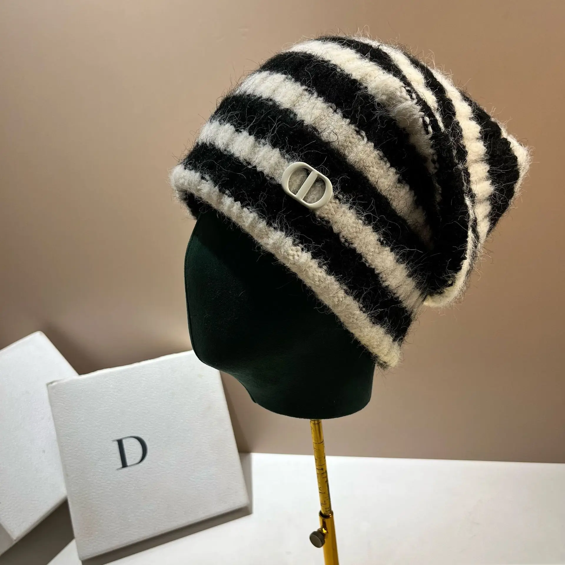 

Japanese Style Slouchy Beanie Soft Wool Blend Striped Knit Cap for Women Oversized Loose Fisherman Winter Hat
