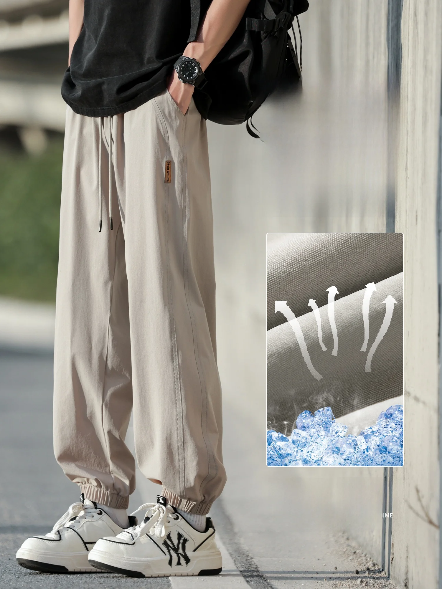 

Американские спортивные брюки из ледяного шелка с манжетами, мужские летние тонкие дышащие повседневные свободные брюки большого размера для мальчиков-подростков