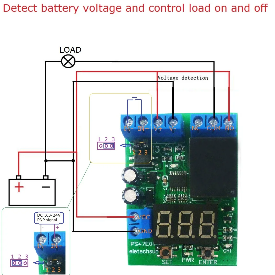 

DC12V 24V PS47E01 светодиодный цифровой релейный переключатель, плата управления, релейный модуль, обнаружение напряжения, зарядка, разряд, монитор, тест