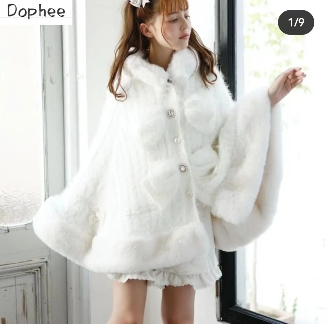 

Dophee Japanese Style Cute Faux Rabbit Hair Cape Coat Elegant Single-breasted Beading Bow Loose Hooded Fur Overcoat Winter Warm