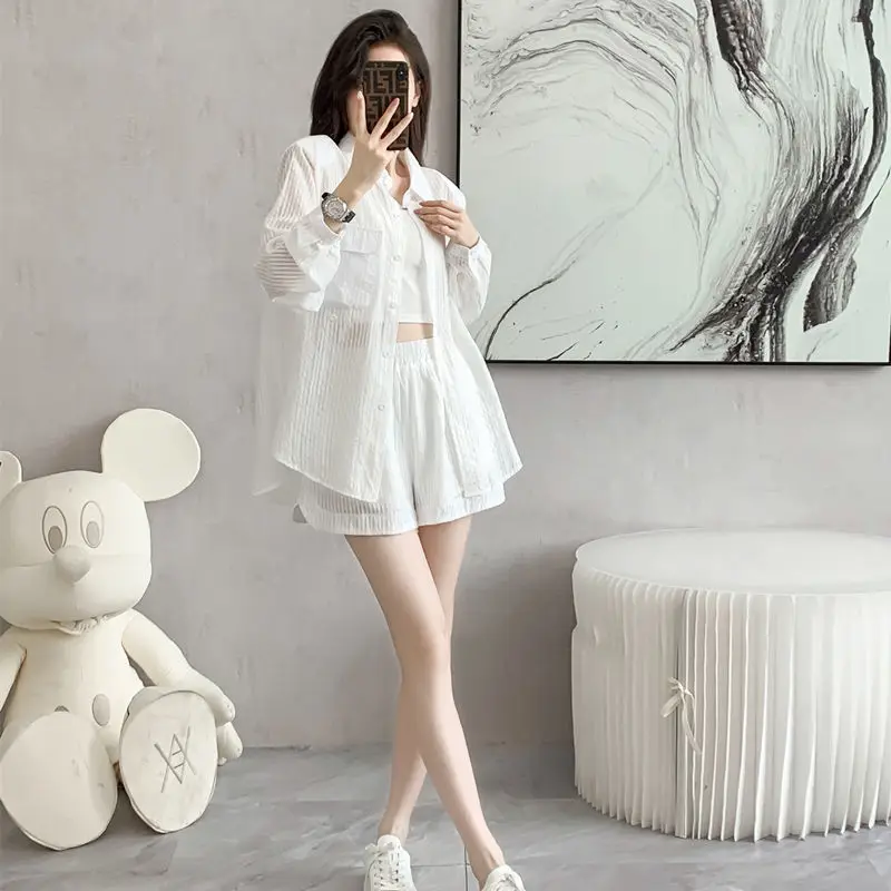 Luxury White Striped Shirt Sun Protection Clothing Casual Sports Suit Spring and Autumn Thin Fashion Shorts Two-piece Set