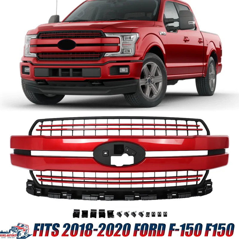 

For F150 Grill 2018 2019 2020 Ford F150 Front Bumper Upper Racing Grille Assembly Rapid Red D4 Lariat Style Air Inlet Mesh Cover