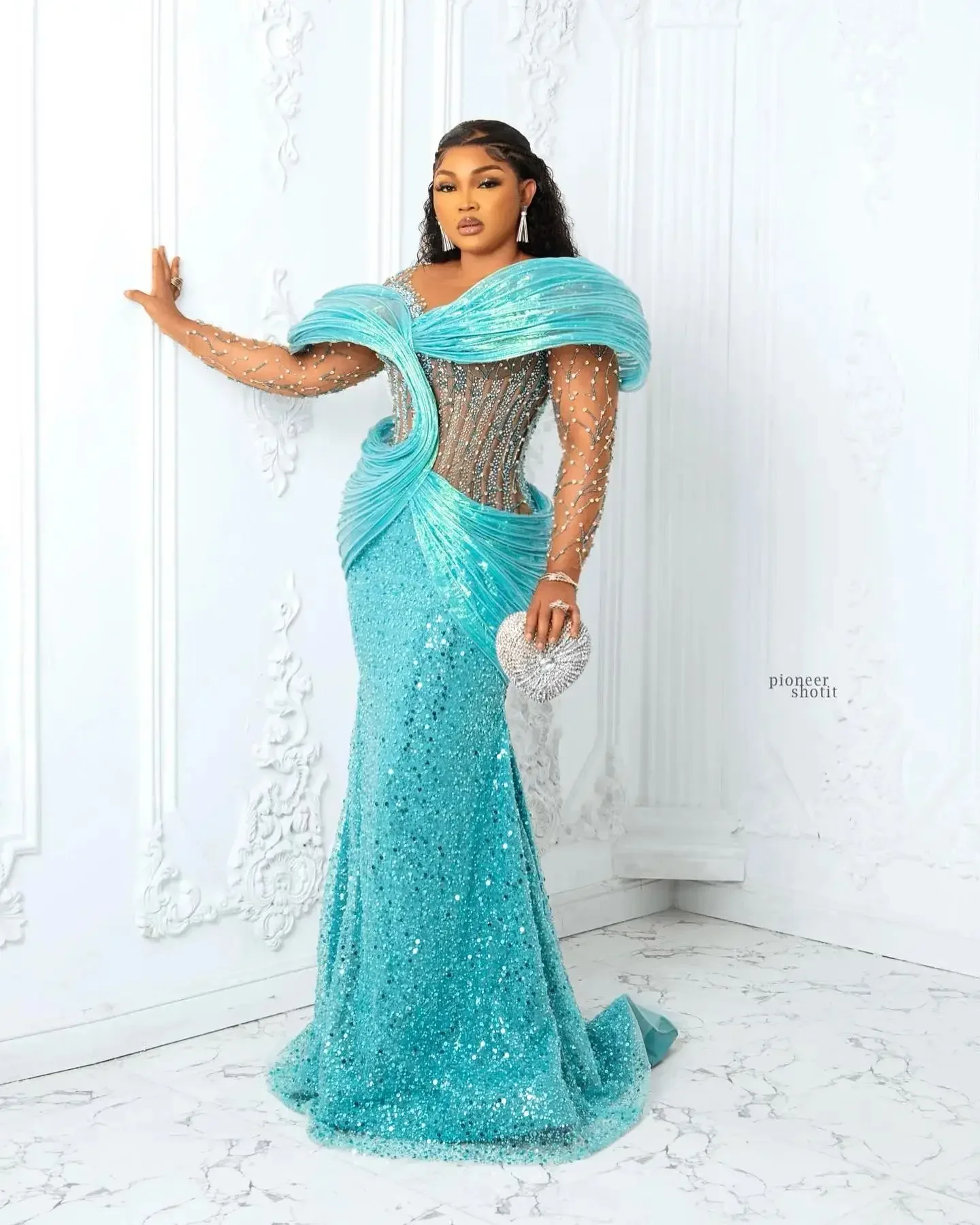 

Customized African Evening Dresses Plus Size 3D Pleated Off the Shoulder Prom Dresses Aso Ebi Wedding Reception Party Dress