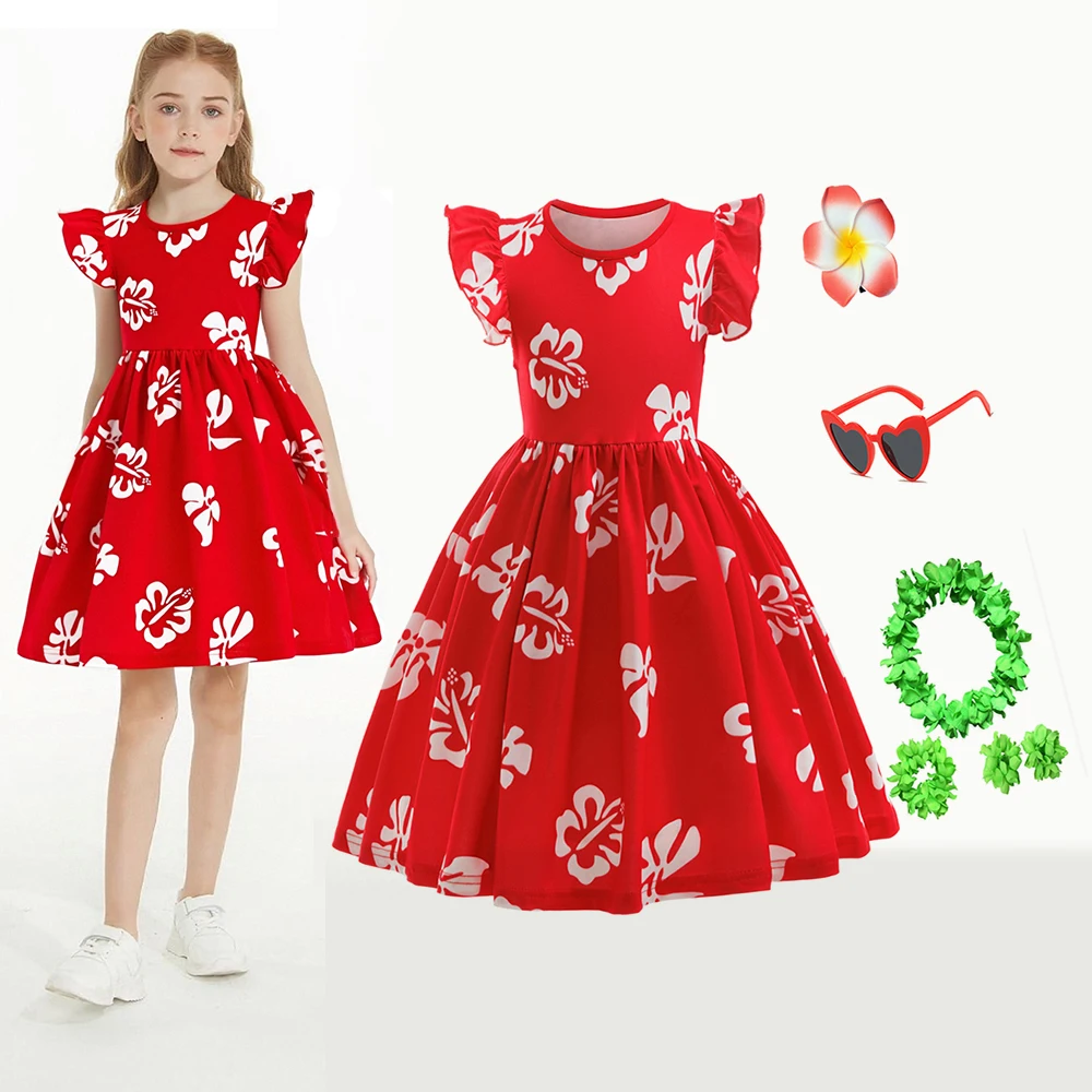 

Платье принцессы для девочек, красное платье для гавайской вечеринки с принтом листьев, летняя пляжная гавайская одежда, гавайские танцы, хула-хула, Хэллоуин