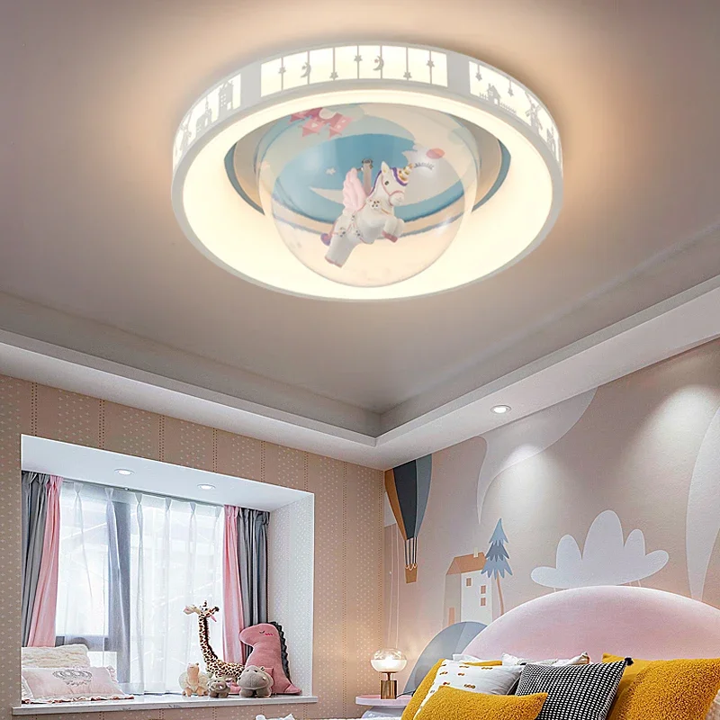 

Kids Room Light Ceiling Light Girl Eye Protection Light Modern Simple Pink Revolving Pony Cartoon Creative Bedroom Light