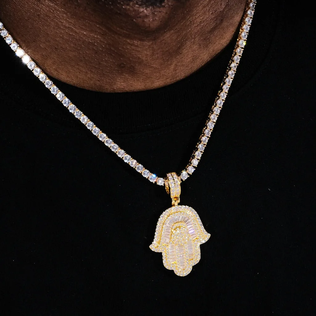 Hip Hop Jewelry Micro Iced Out Baguette CZ Hamsa Hand Pendant with 24