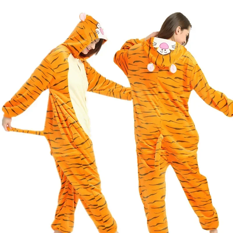 Cartoon Adult Jumpsuit Costume Onesie Tiger Pajamas Unisex Animal One-Piece Costume Cosplay Women Men Homewear Sleepwear Party