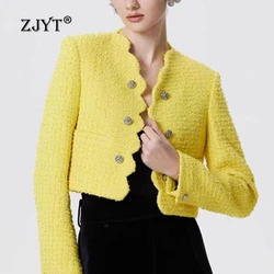 ZJYT Autumn 2024 New Elegant Tweed Woolen Jackets for Women Winter Coats Double Breasted Outerwears Short Yellow Veste Femme