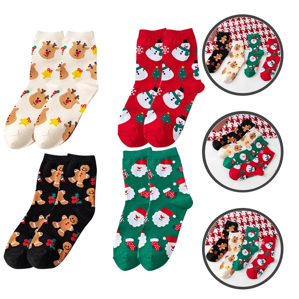 

4Pairs Christmas Snowman Socks Winter Warm Thick Elastic Cotton Socks for Sleeping Christmas Gift Decorative Stockings