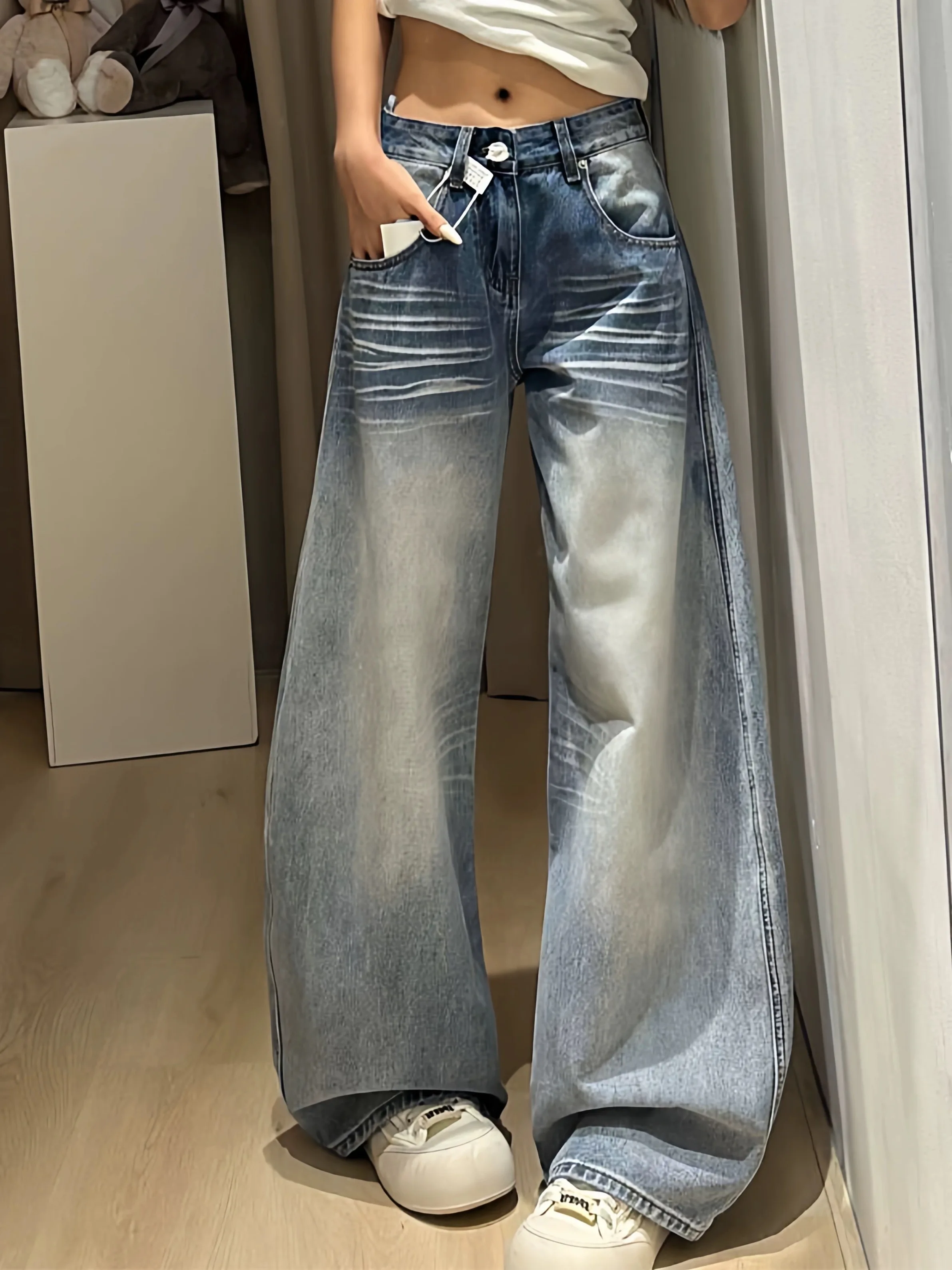 Y2K Curved Knife Jeans Women American Washed Wide Leg Pants Design Sense Three Dimensional Cat Whiskers Loose Denim Floor