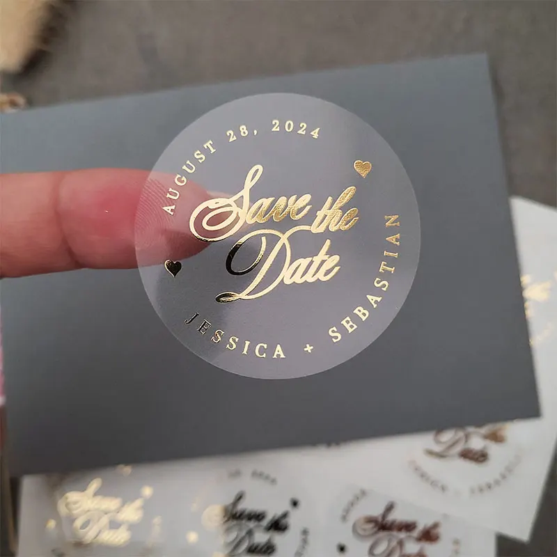 Customized Name and Date Gold Foil Wedding Stickers, Transparent Envelope Seal Customized Letter Stickers, Gold Wedding Labels