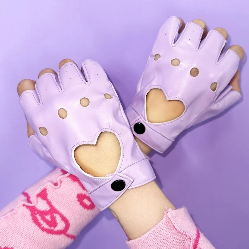 Punk Style Rivet Studded Half Finger Gloves for Women PULeather Performances Gloves for Dance Motorcycle Riding Gloves