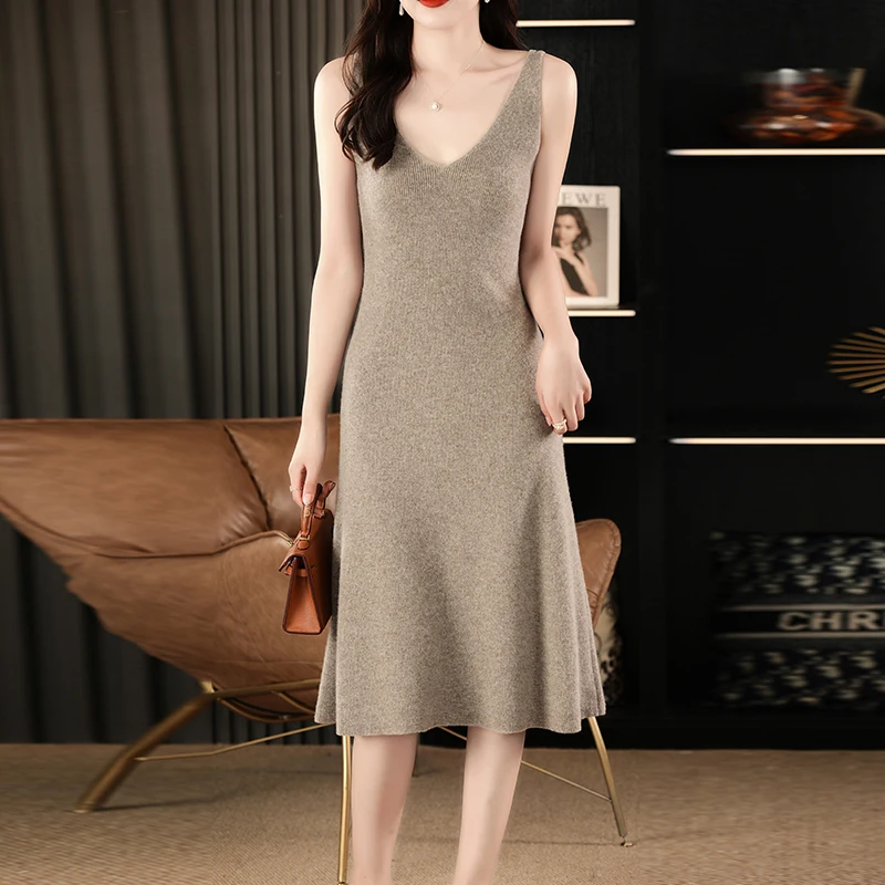 Women's Strap Knit Dress 100% Merino Wool Tight V-neck Strap Dress Fall/Winter Women's Fashion Sexy Inside Knee-length Skirt