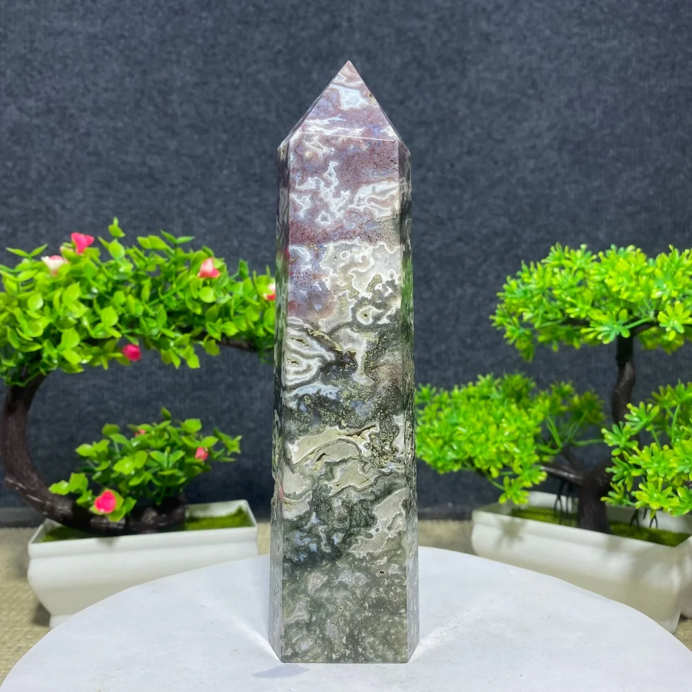 Natural Water Grass Agate Crystal Geode Hexagon Prism Tower Obelisk Spiritual Meditation Reiki Gift Home Decor