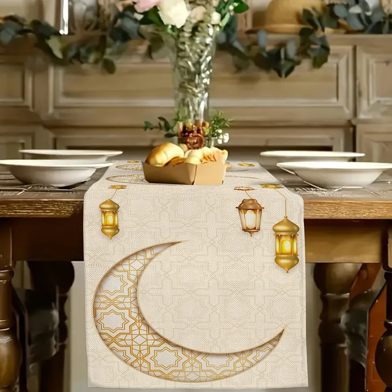 Ramadan & Eid Golden Moon Lantern Tischläufer – langlebige, leicht zu reinigende Dekoration für festliche Party, Küche, Esszimmer, Zuhause