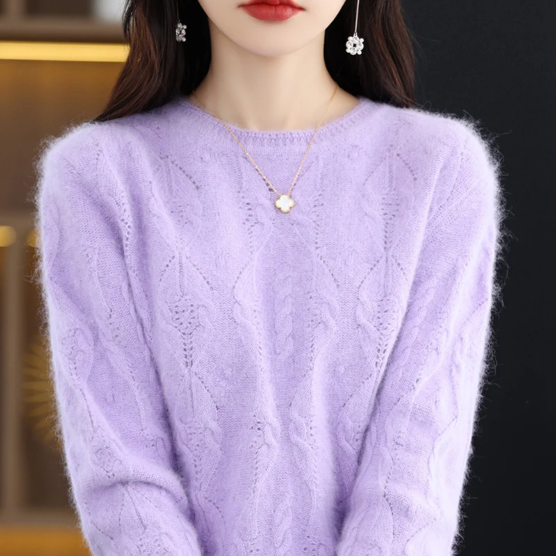 BELIARST 2023 New Women's Clothing Round Neck Twisted Flower Hollow Sweater 100% Mink Cashmere Knitted Pullover Jumper DBE-051