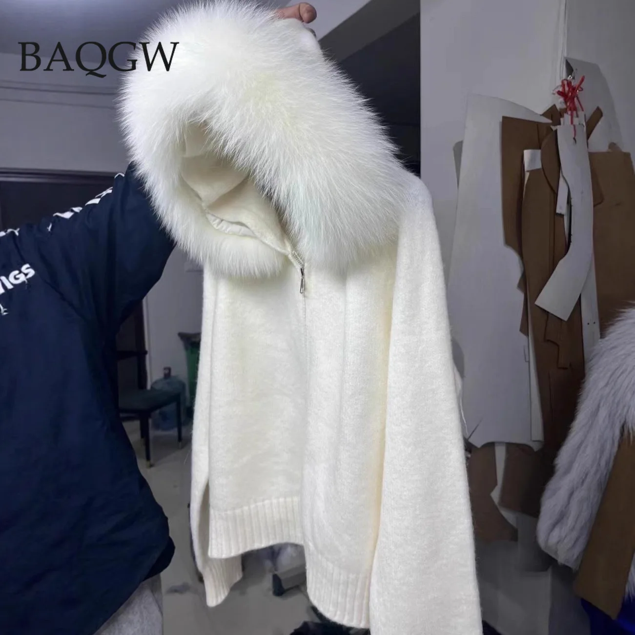 Real Fox Fur Kintwear Women 2025 New Spring Autumn Hooded Sweater Female Loose Zipper Kintted Jacket Oversized Cardigan