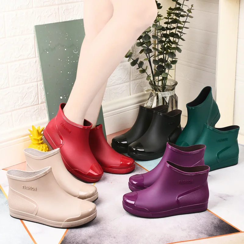 

New Women's Waterproof Rain Boots Low Cut Short Fashion Plastic Shoes Anti-slip Warm Fleece Cotton Cover Water Shoes