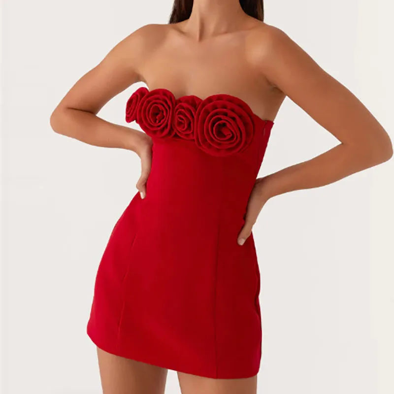Elegancka sukienka mini bez ramiączek, bez rękawów, dopasowana, damska, modna, z kwiatowym wzorem, trójwymiarowa, gładka, na imprezę, seksowna sukienka z odkrytymi plecami, kopertowa, podkreślająca biodra.