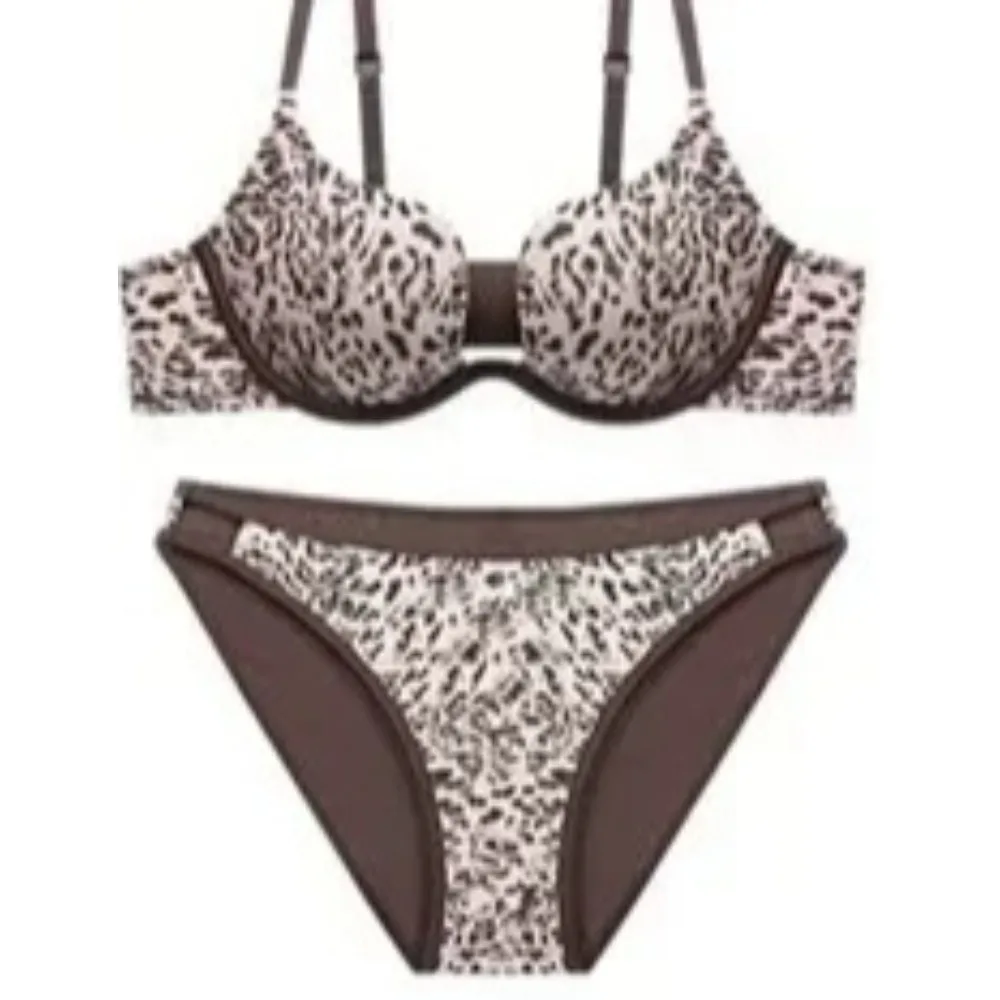 Ensemble de lingerie imprimé léopard femme, soutien-gorge push-up maintien latéral anti affaissement, petit buste, taille 32-38