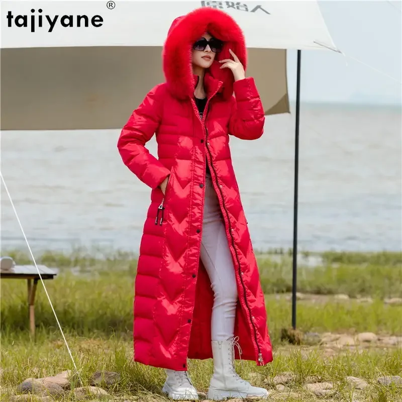 Tajiyane Super Long Down Coat for Women 90% White Duck Down Jacket Female Warm Parkas Fox Fur Collar Waist Slim Abrigos Mujer