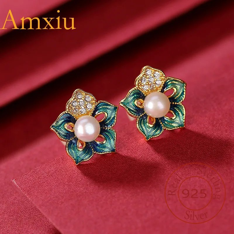 

Серьги Amxiu из стерлингового серебра 925 пробы с позолотой Cloisonné, серьги с натуральным пресноводным жемчугом, индивидуальный цветок, женские украшения для ушей