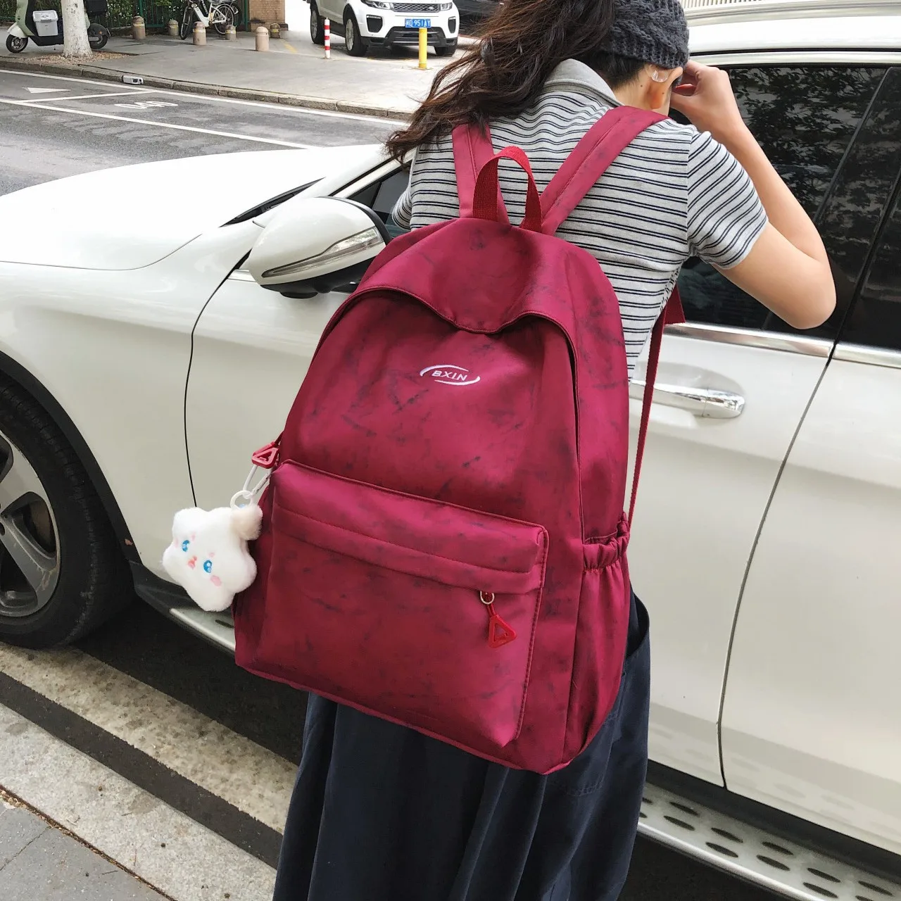 

Women's Burgundy Tie-Dye Backpack Cute Cloud Plush Charm Rucksack For School Daily Use
