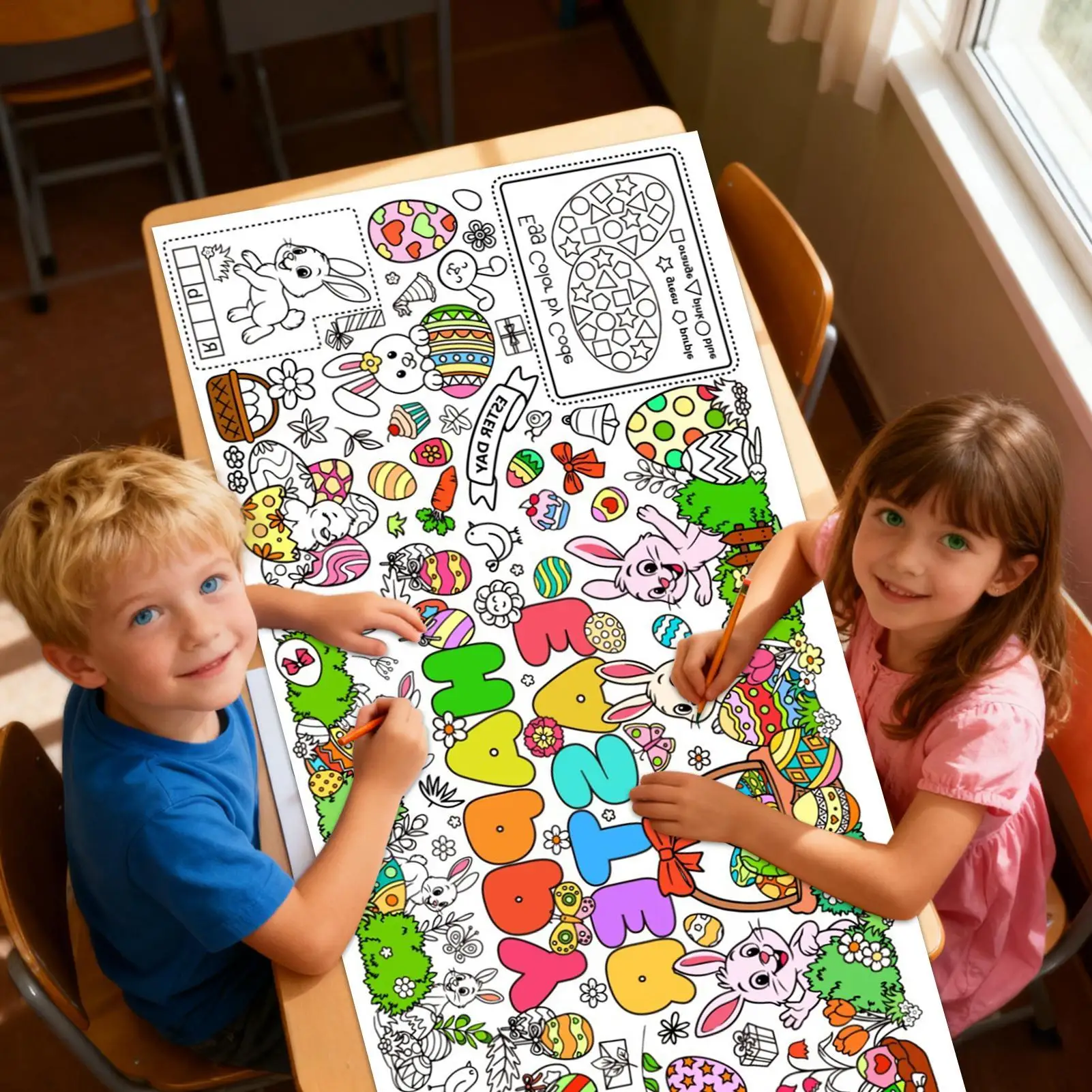 Page de coloriage de pâques 30X72 pouces, grand décor mural étanche, Pages de coloriage géantes pour pâques, vacances d'automne, réunion de famille