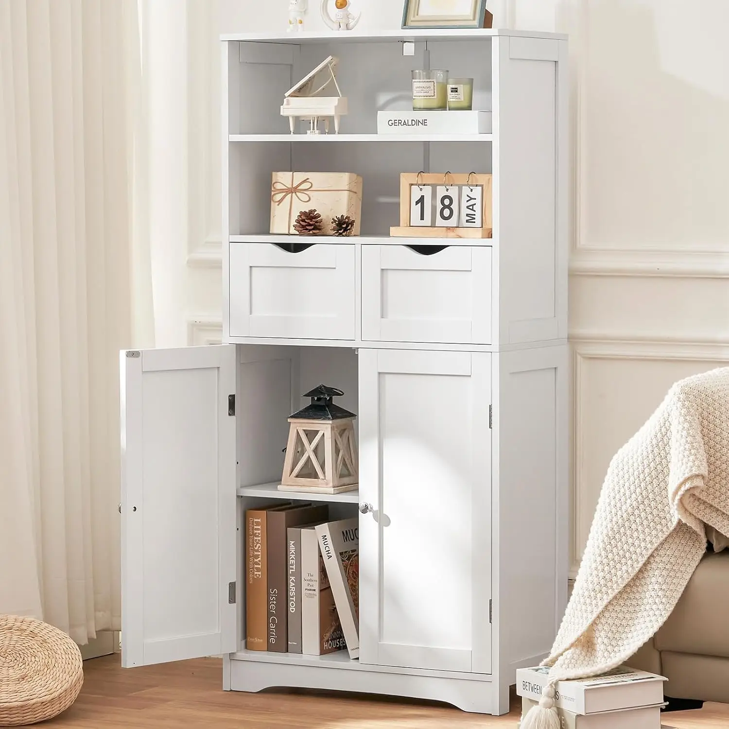 Tall Bathroom Cabinet, Storage Cabinet with 2 Drawers & Adjustable Shelves, Bathroom Storage Cabinet for Living Room