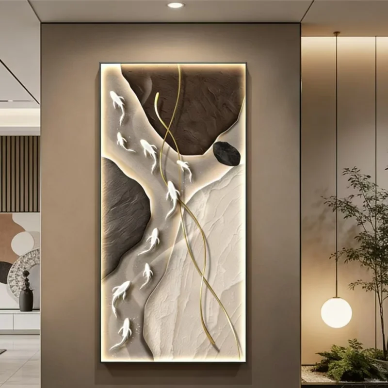 Nine Fish Crystal Porcelain Entrance Decoration Painting with High end Lamp Stone to Operate Mural Painting