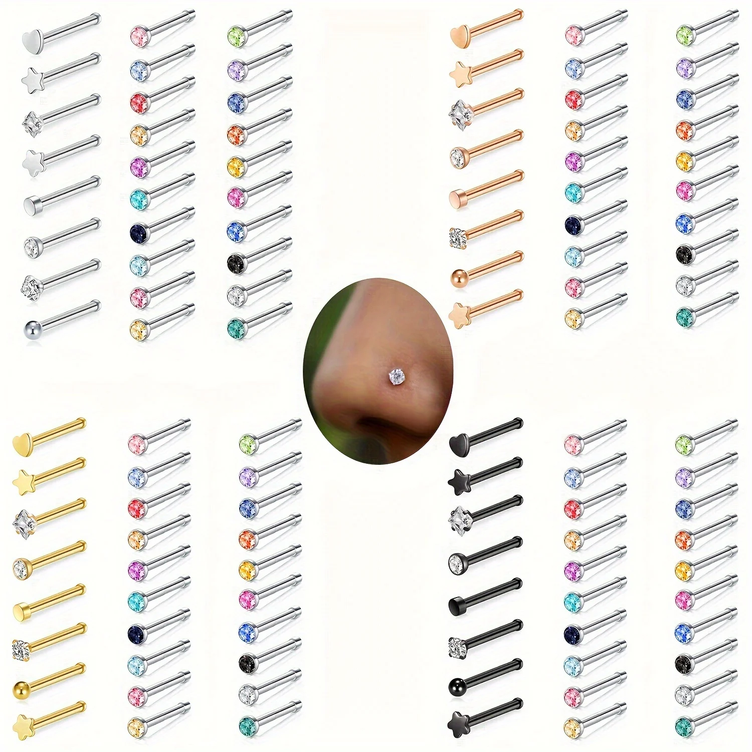 A Collection of 28pcs of Nose Piercing Jewelry, Featuring Stainless Steel Studs Adorned with Cubic Zirconia And Rhinestones.