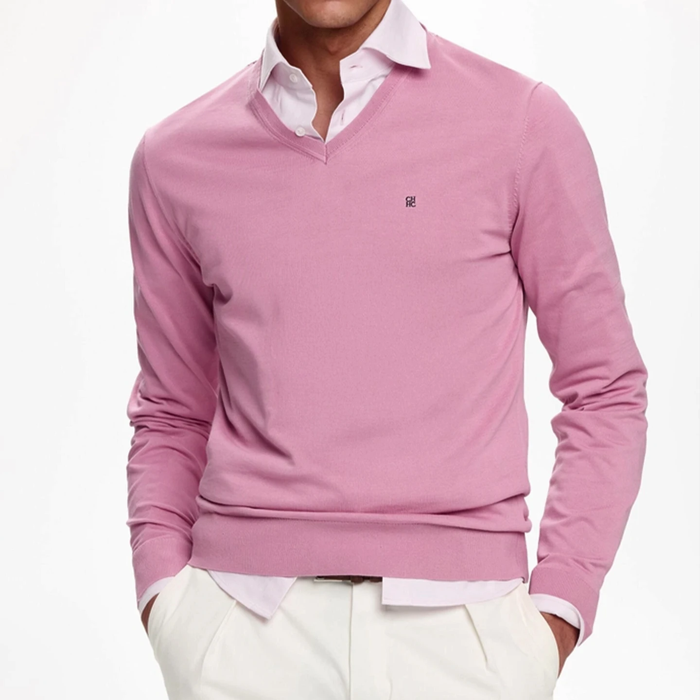 CH Herren V-Ausschnitt Pullover Slim Fit Langarm Strickpullover mit Kleiner Stickerei Business Casual Oberteil – Detail 2
