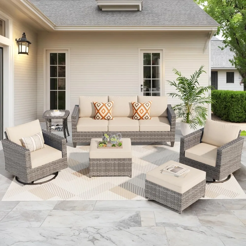 

Furniture Set Outdoor Wicker Sofa with Swivel Rocking Chairs and Comfy Cushions High Back Rattan Couch Conversation Set