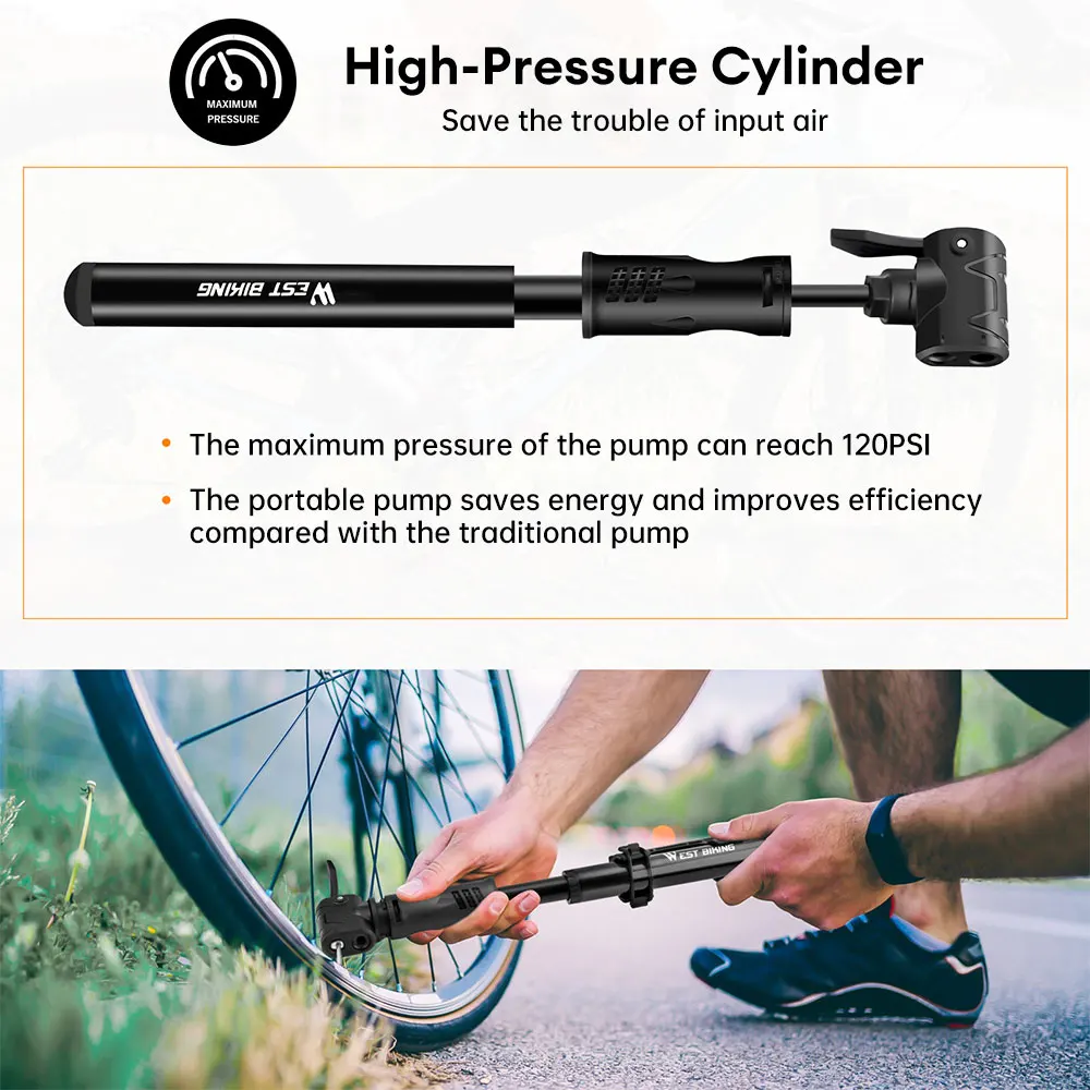 WEST BIKING Mini Bike Pump Aluminum Alloy Bicycle Hand Air Pump Tire Inflator Schrader Presta Valve MTB Road Cycling Pump