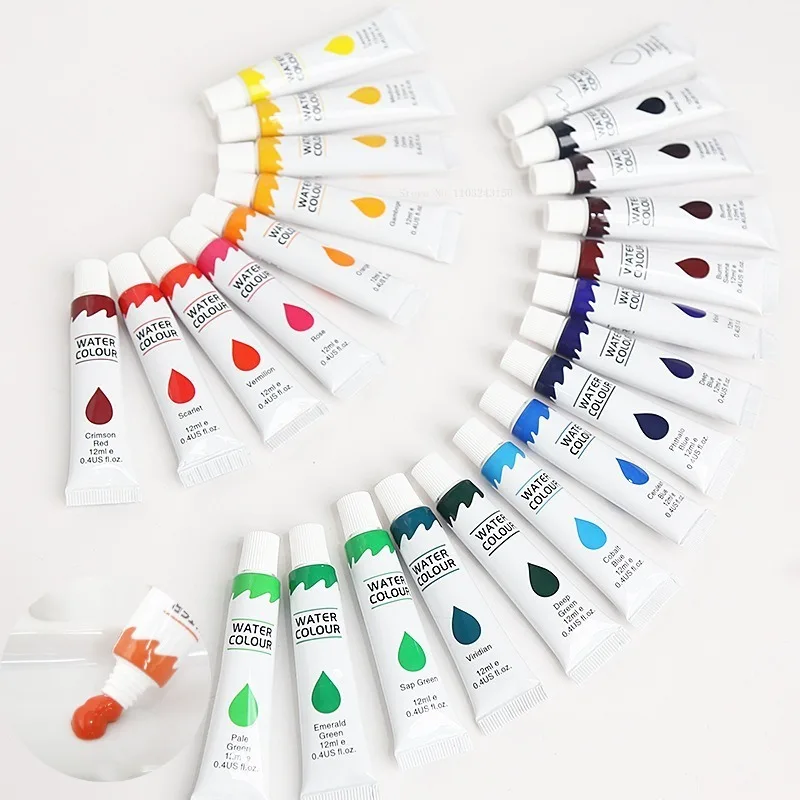 24 Colors Watercolor Pigment Washable 12ML High Transparent Colour Painting Art Supplies Outdoor Sketching First Draft Coloring
