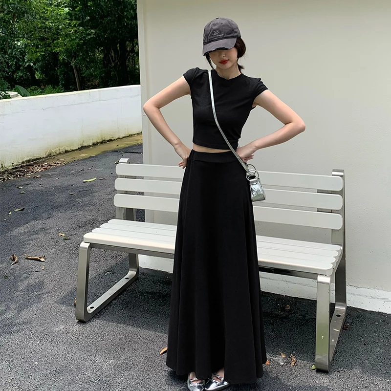 

Sweet Hot Girl Casual Suit Women's Summer Short-sleeved T-shirt High Waisted A-line Long Skirt Two-piece Set Female Clothes