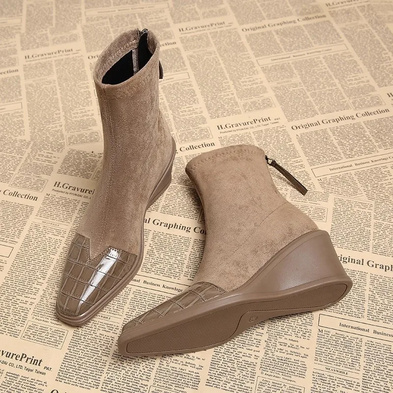 

New Wedges Women Ankle Boots Zip High Heels Shoes Winter Elegant Short Boots Woman 2025 Fashion Suede Pumps Chelsea Botas Mujer