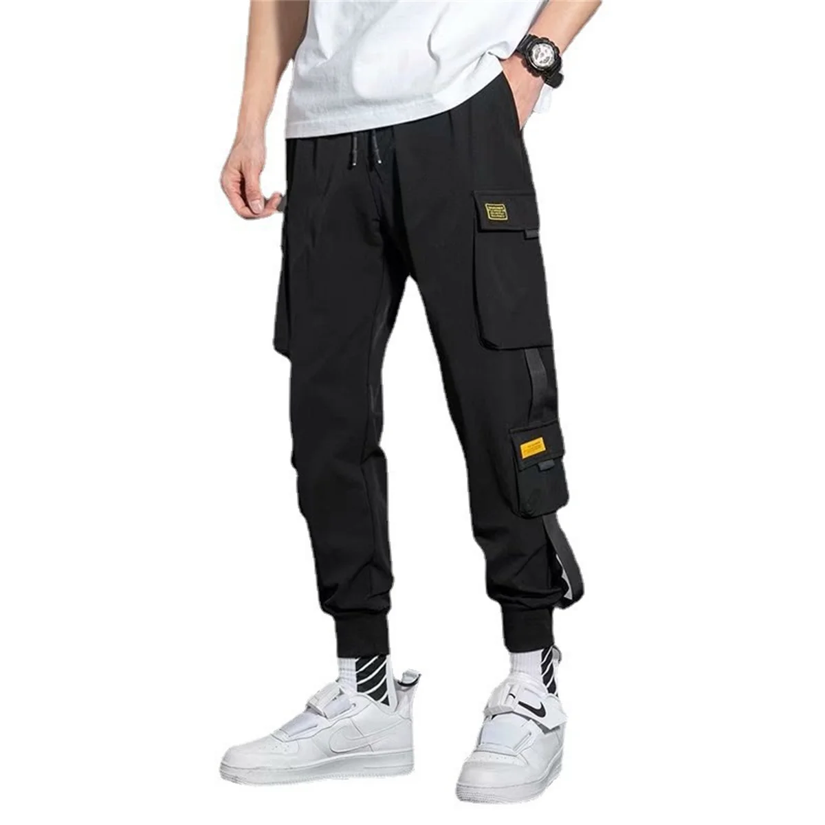 Pantalones Cargo negros para hombre, ropa de calle informal de Hip Hop, varios bolsillos, cintas Harajuku, pantalones de chándal Techwear