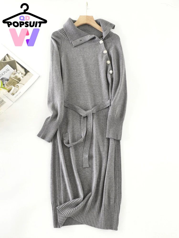 New in Autumn Winter Women Knitted Dress Knee Length Half Open Collar Dress Elegant Commuting Lazy Women\'s Clothing Robe Dresses