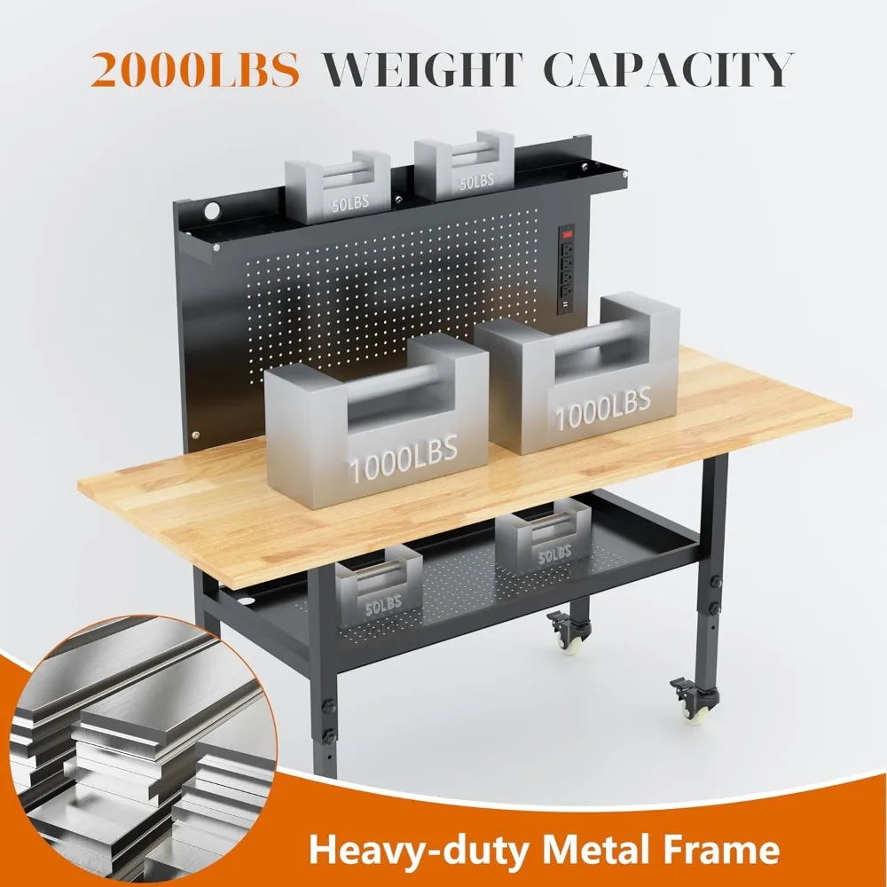 60" Heavy Duty Adjustable Workbench with Large Pegboard& Partition, Adjustable Work Table with Power Outlets & Lockable Wheels