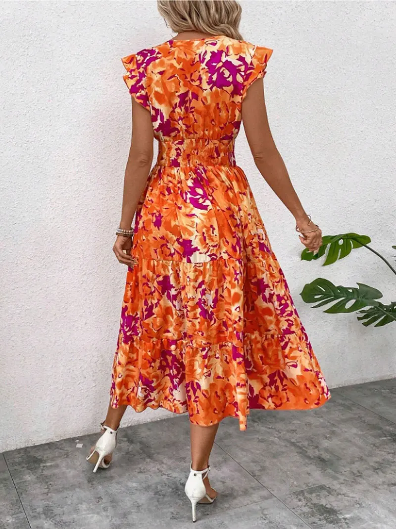 2025 verão novo vestido de ombro sem mangas feminino estilo boêmio cintura elástica plissado camadas torcidas