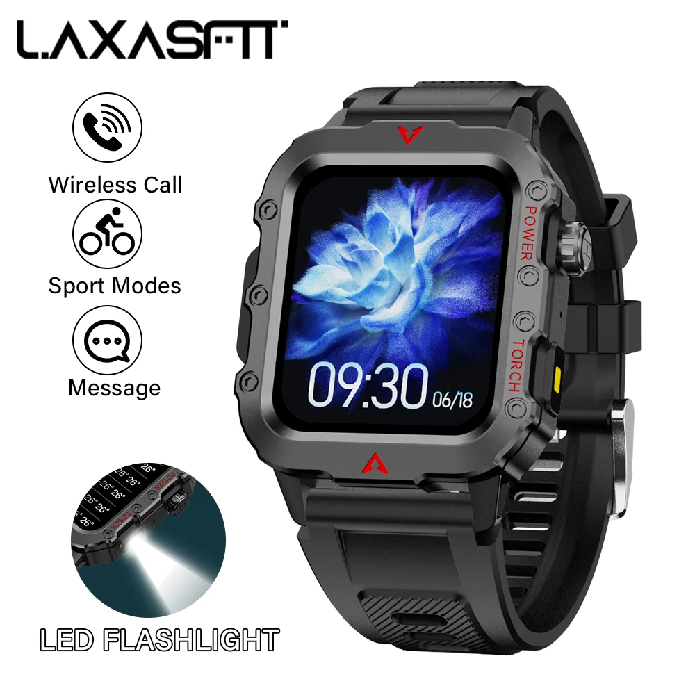 LAXASFIT New Smart Watch Men's Sports Watch LED Flashlight Multiple Sports Modes Fitness Heart Rate Bluetooth Call Android IOS S