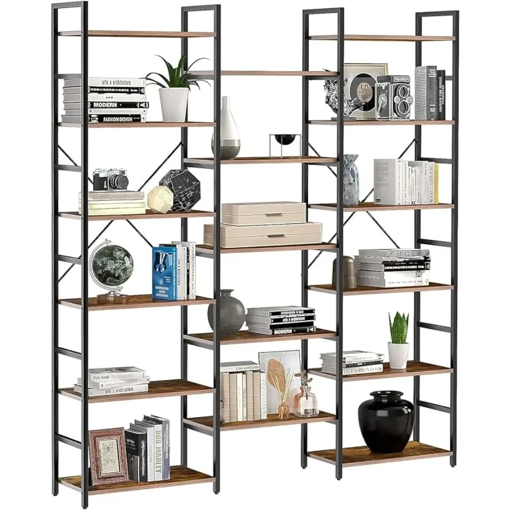 Industrial Display Bookshelf Book Shelf Triple Wide 6-Tier Bookshelf Bookcase Office Wood and Metal Etagere Bookcase for Bedroom