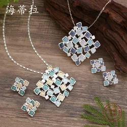 new enamel color hollow square stud earrings pendant set creative women's high-end geometric square necklace