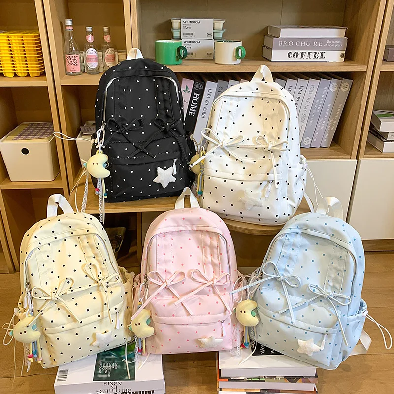 

New Y2k Cute Polka Dot Backpack Sweet Girl Bow Small Knapsack Large Capacity Students Schoolbag Women's Fashion Outdoor Rucksack